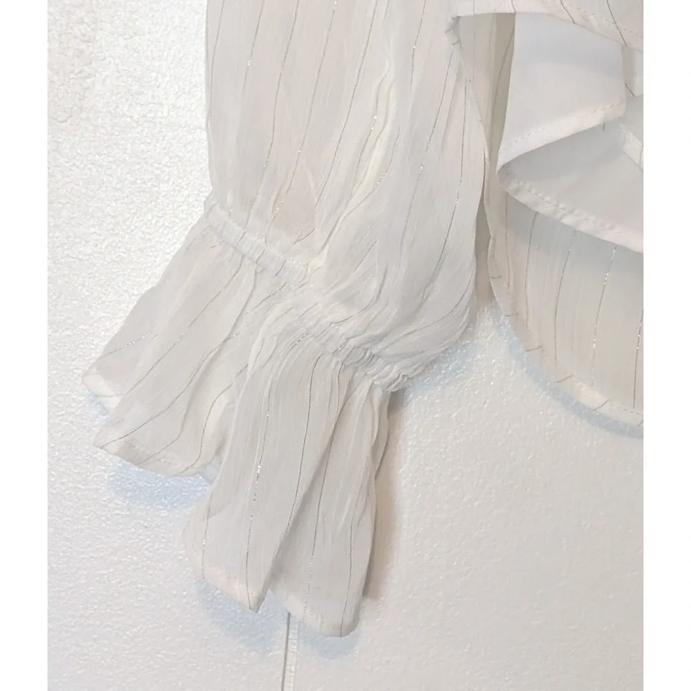 WHBM Tie Neck Blouse NWT White Metallic Pinstripe Ruffle M Office Romantic Fairy